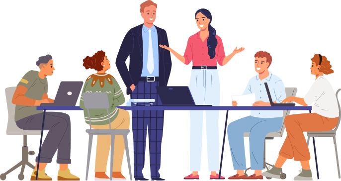 若者たちが協力してプロジェクトを進めているイラスト